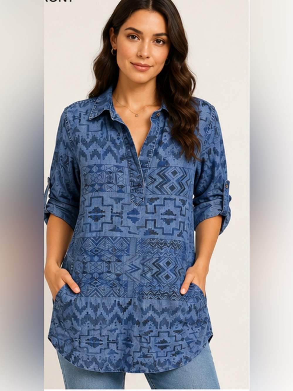 Blue Aztec Print Tencel Tunic Top Medium‎ Boho Southwestern Roll Tab Sleeves